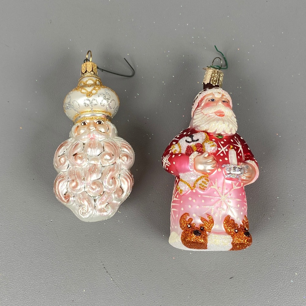 2 Old World Christmas Glass Santa Ornaments Red Pink Snowflake Father Christmas